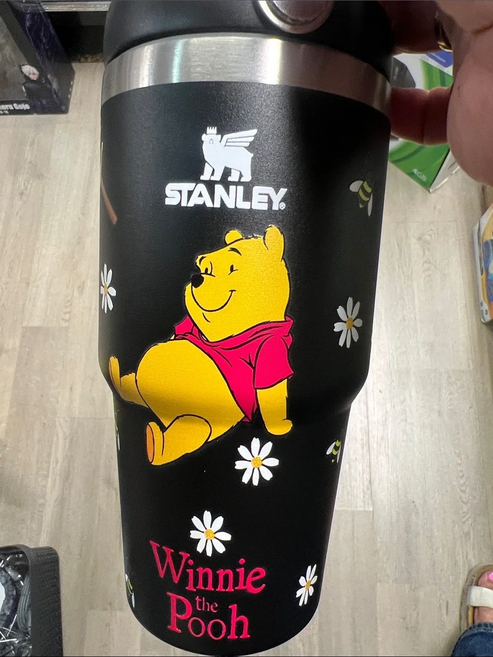 Stanley Black Winnie the Pooh Kids Travel Tumbler with Yellow & Pink Accents